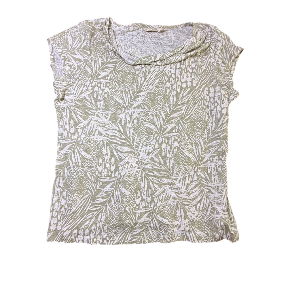 Christian Siriano‎ New York XL Linen Top Green White Leaf Print Cowl Neck